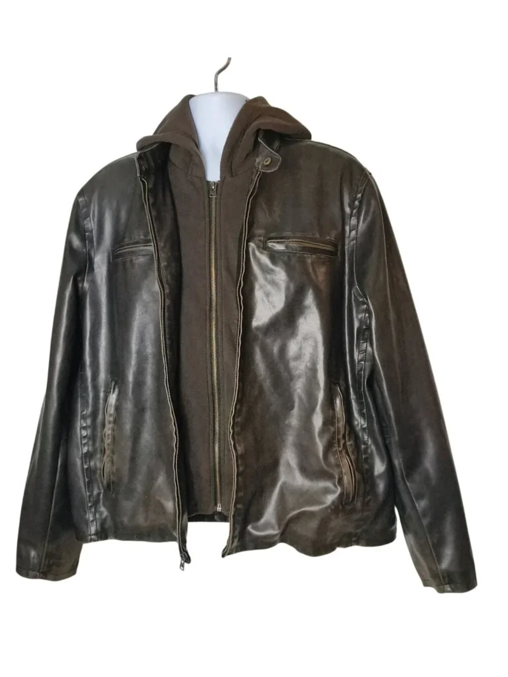 Vtg Levis Mens L Moto Coat Distressed Hooded Brown Leather Fleece Lined Jacket